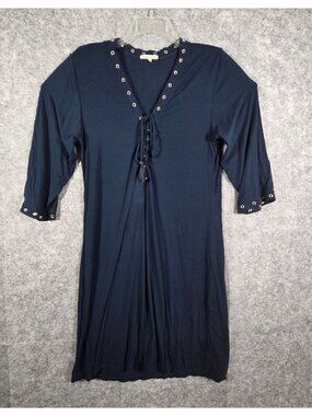 Zen-Knits Women's Knit Shift Dress Long Sleeve V Neck Navy Size XL Casual Strech